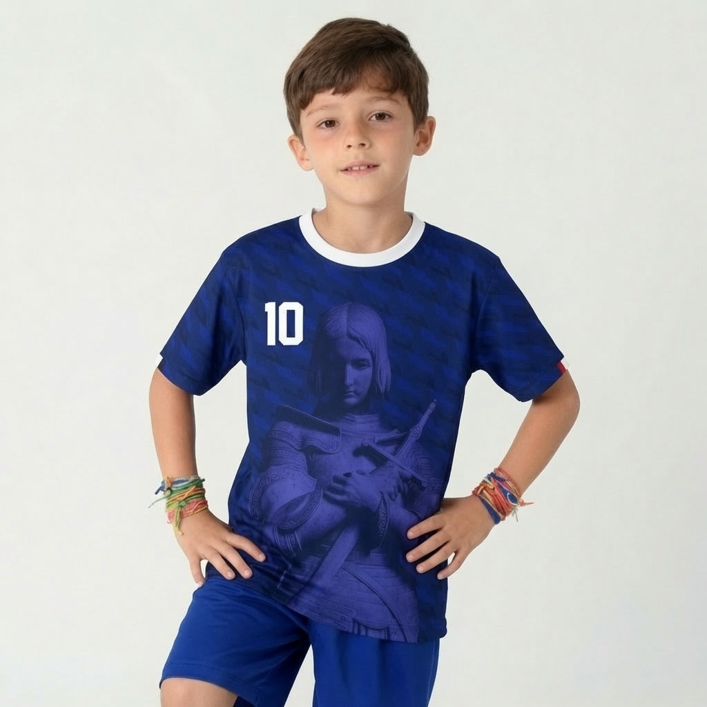 Front and back view of France 2026 home jersey in blue with Joan of Arc graphics and sublimated diagonal patterns by Varldens