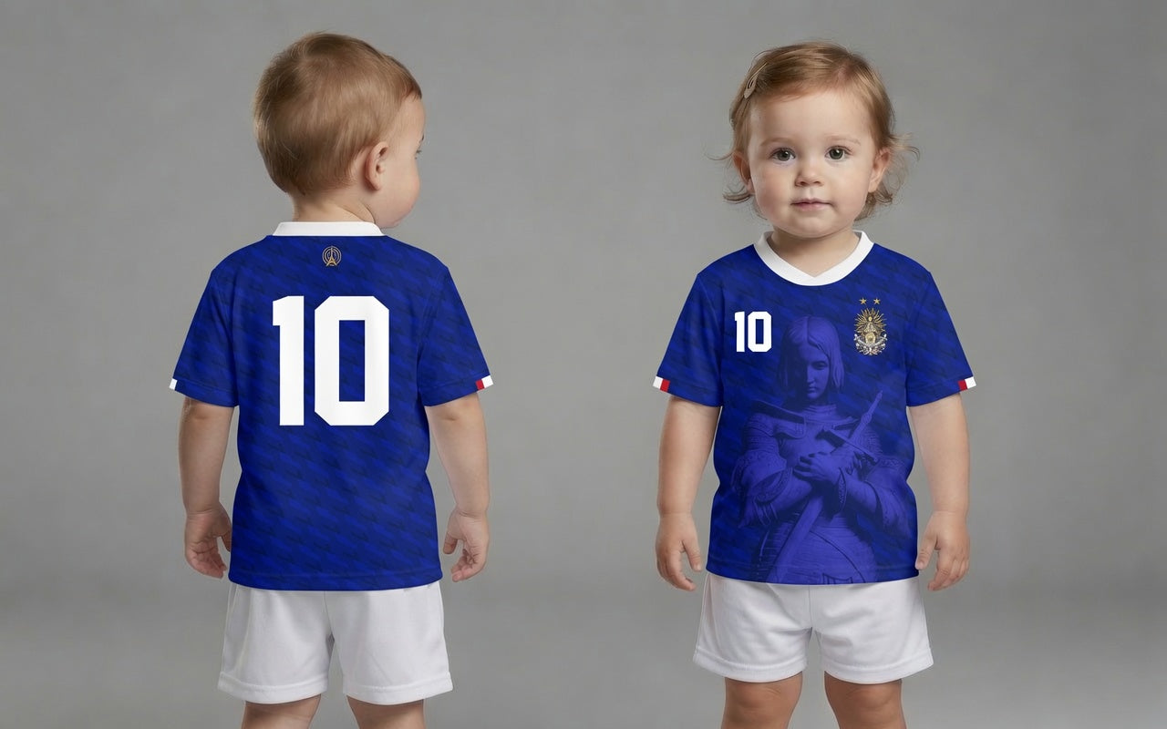Front and back view of France 2026 home jersey in blue with Joan of Arc graphics and sublimated diagonal patterns
