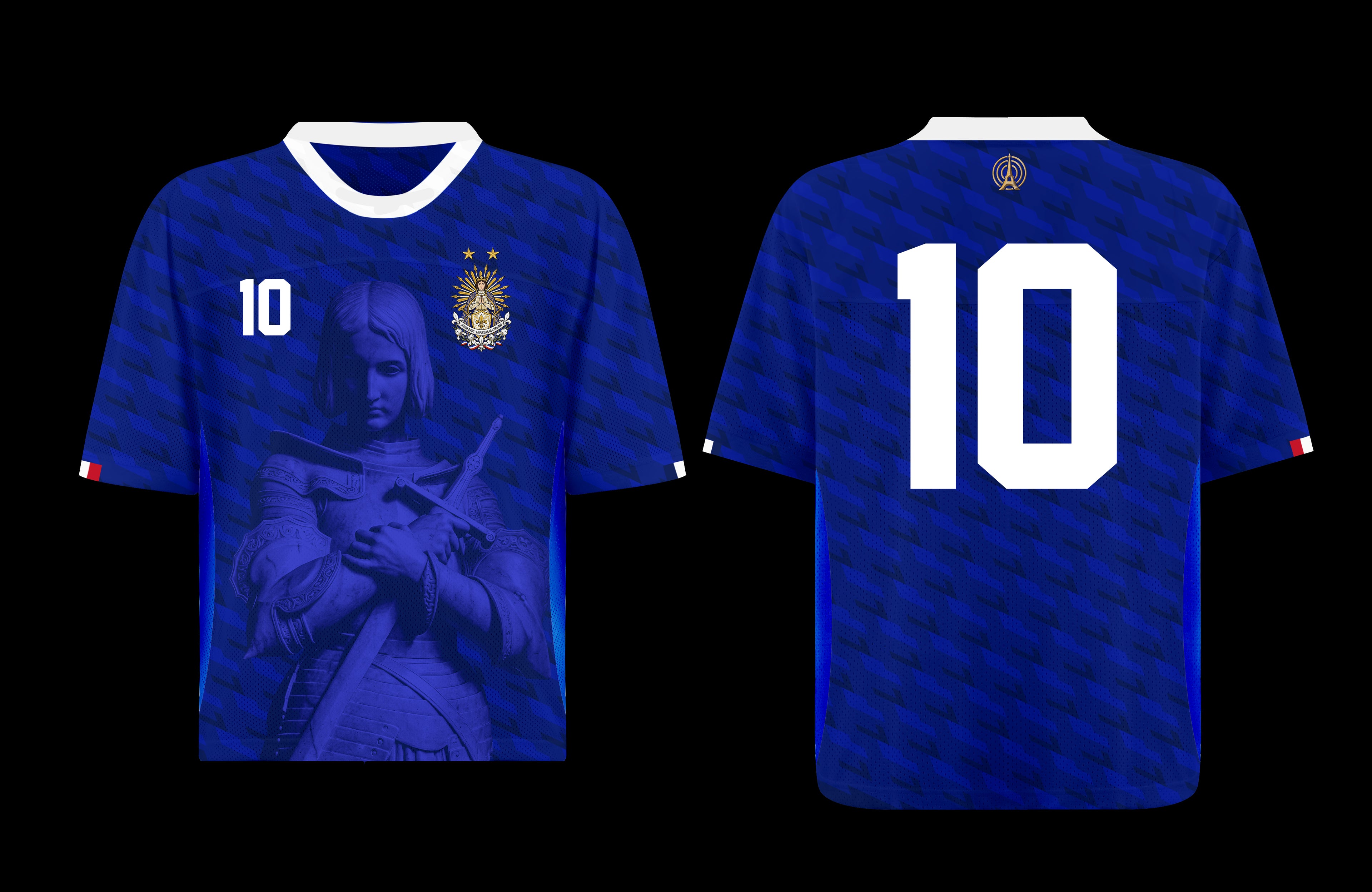 Front and back view of France 2026 home jersey in blue with Joan of Arc graphics and sublimated diagonal patterns