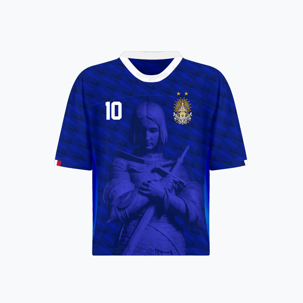 Front and back view of France 2026 home jersey in blue with Joan of Arc graphics and sublimated diagonal patterns