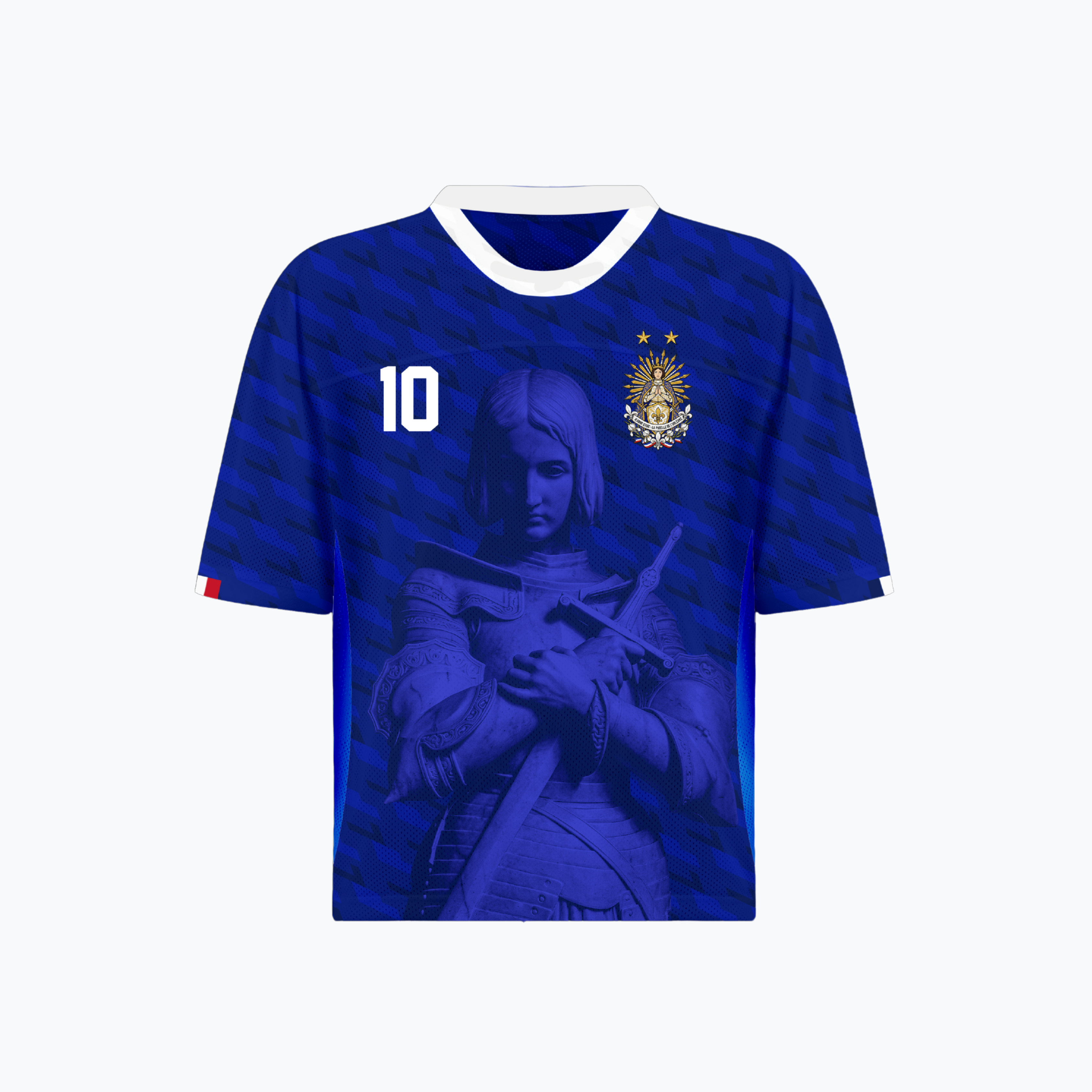 Front and back view of France 2026 home jersey in blue with Joan of Arc graphics and sublimated diagonal patterns