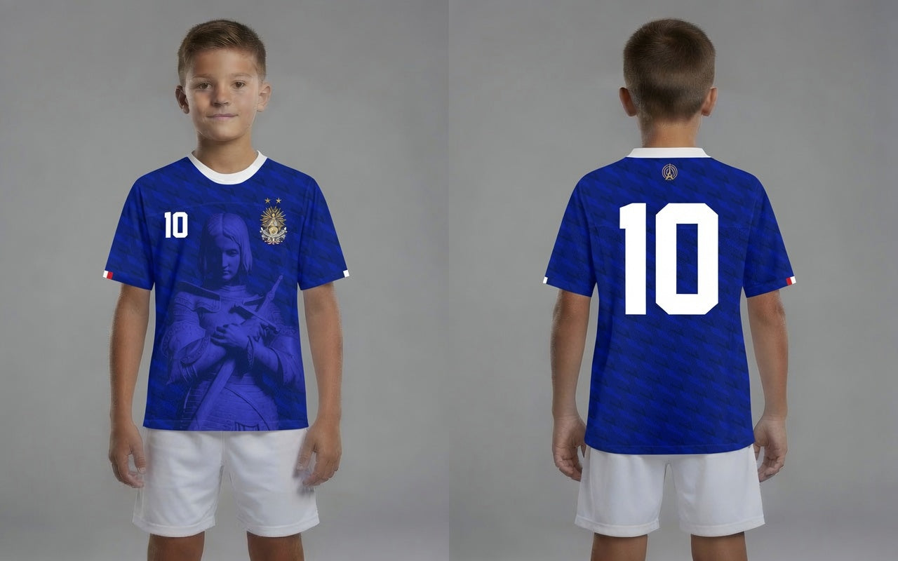 Front and back view of France 2026 home jersey in blue with Joan of Arc graphics and sublimated diagonal patterns
