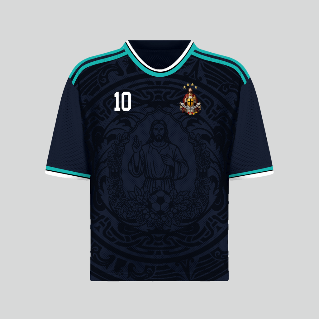 Front and back view of Germany 2026 away jersey in midnight navy with Jesus Christ graphics and teal striped trims