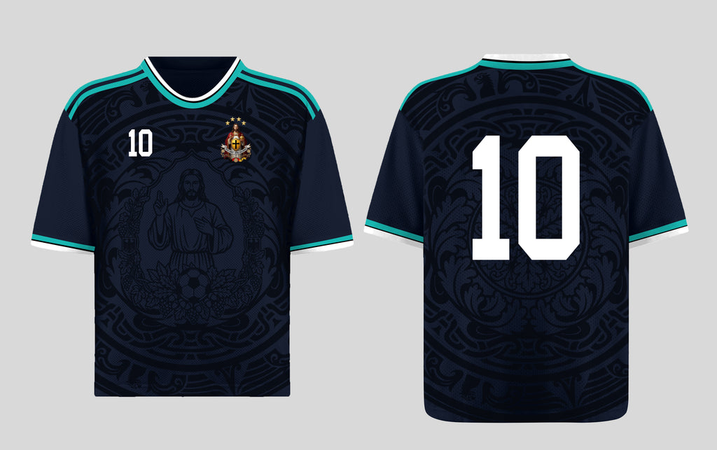Front and back view of Germany 2026 away jersey in midnight navy with Jesus Christ graphics and teal striped trims