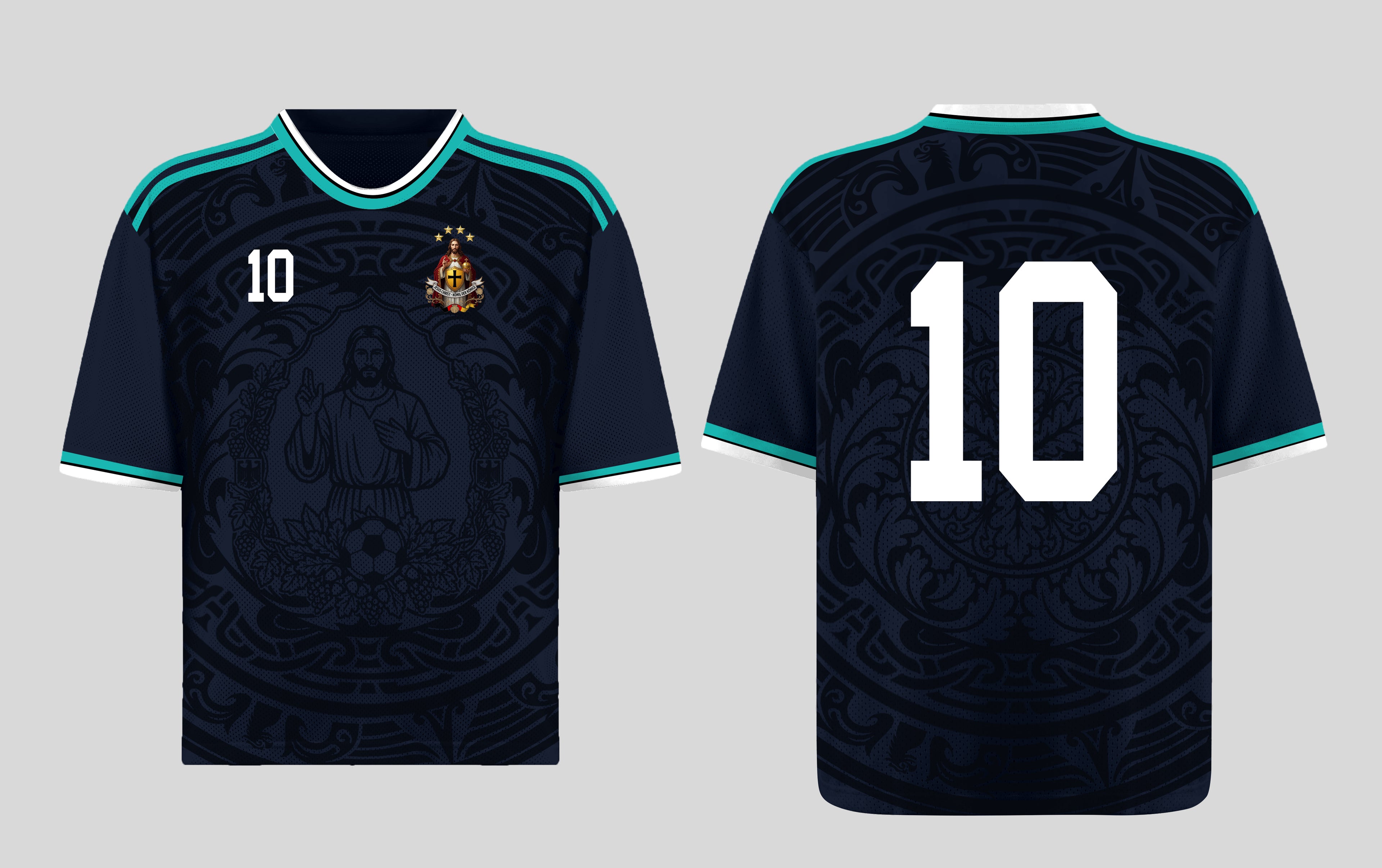 Front and back view of Germany 2026 away jersey in midnight navy with Jesus Christ graphics and teal striped trims