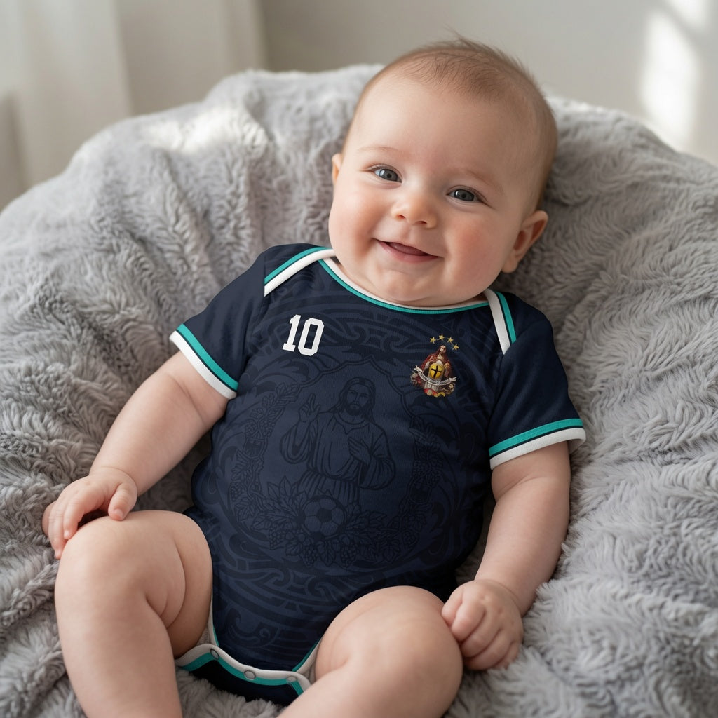 Front and back view of Germany 2026 away jersey in midnight navy with Jesus Christ graphics and teal striped trims