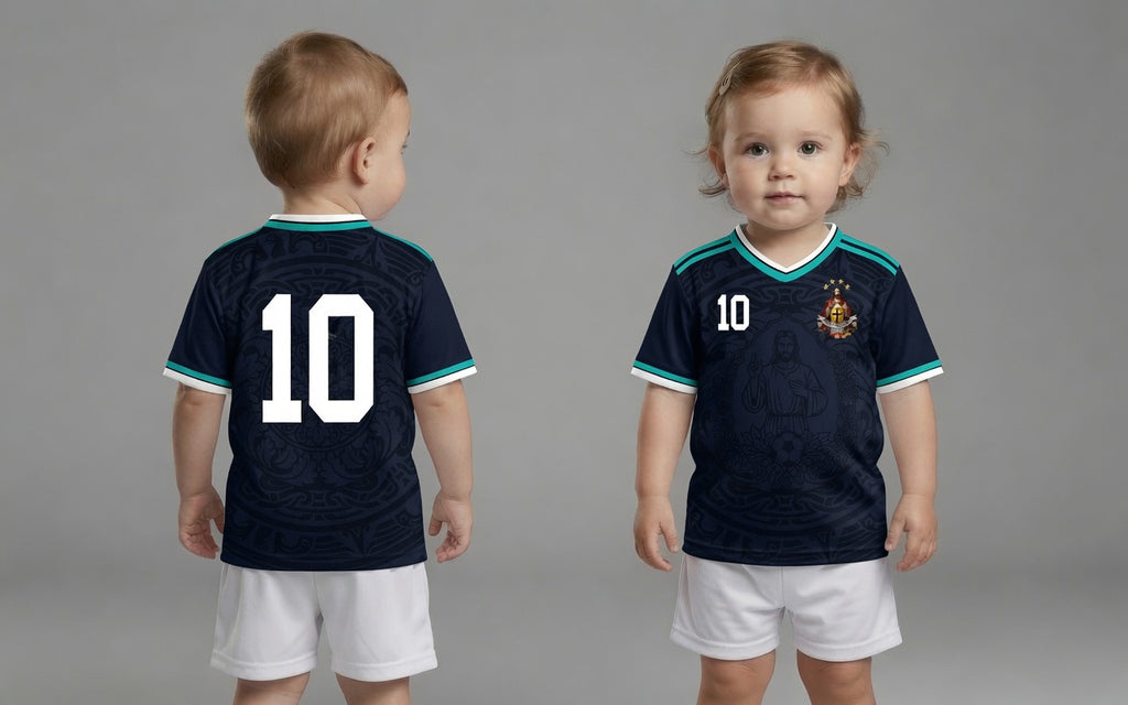 Front and back view of Germany 2026 away jersey in midnight navy with Jesus Christ graphics and teal striped trims