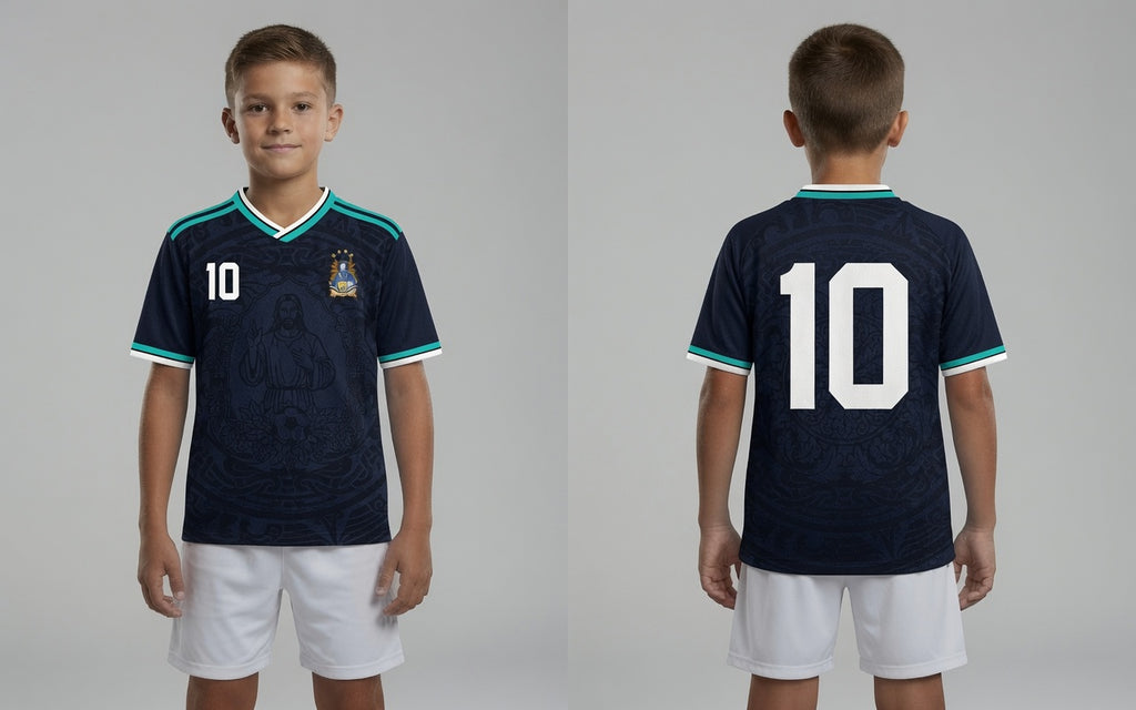 Front and back view of Germany 2026 away jersey in midnight navy with Jesus Christ graphics and teal striped trims