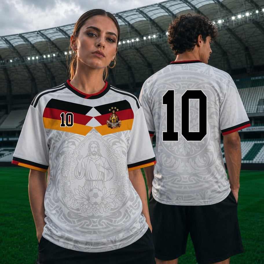 Front and back view of Germany 2026 home jersey in white with Jesus Christ graphics and German tricolor chevron stripes