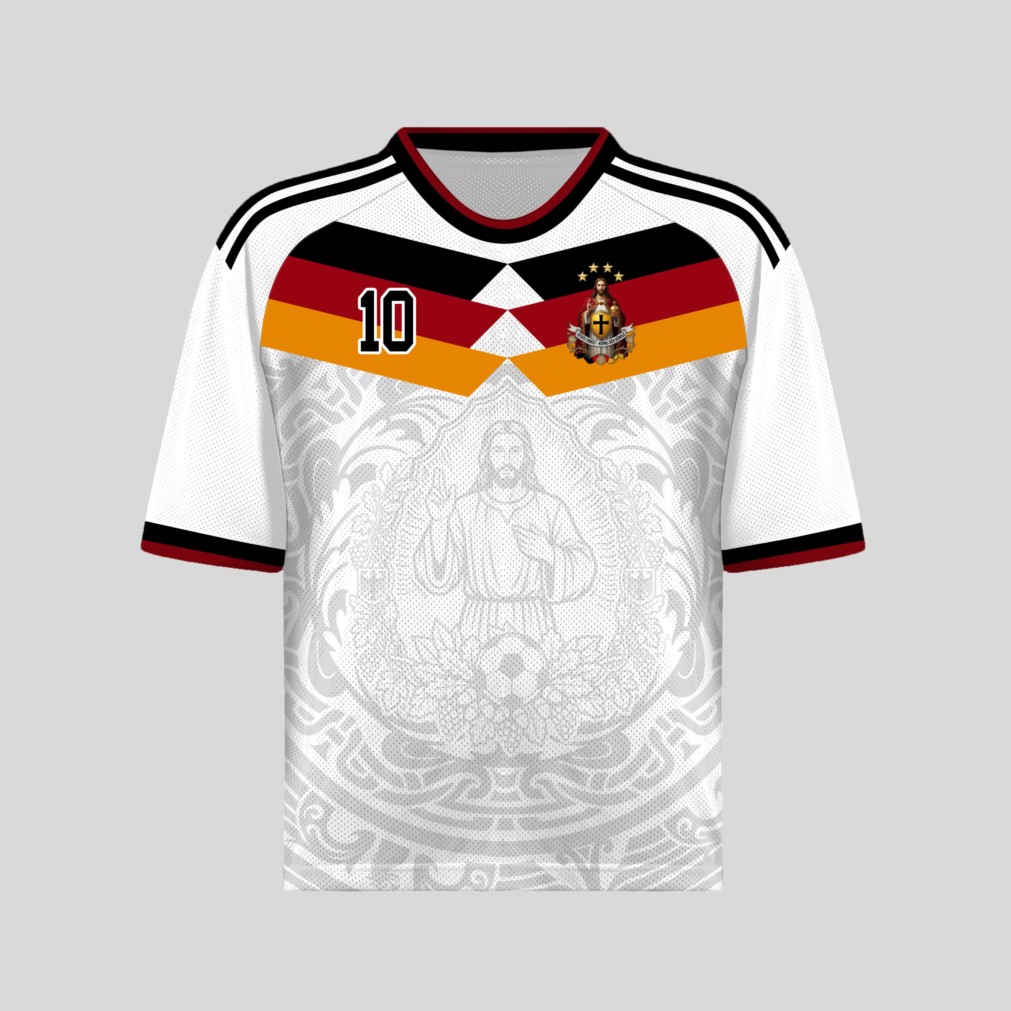 Front and back view of Germany 2026 home jersey in white with Jesus Christ graphics and German tricolor chevron stripes