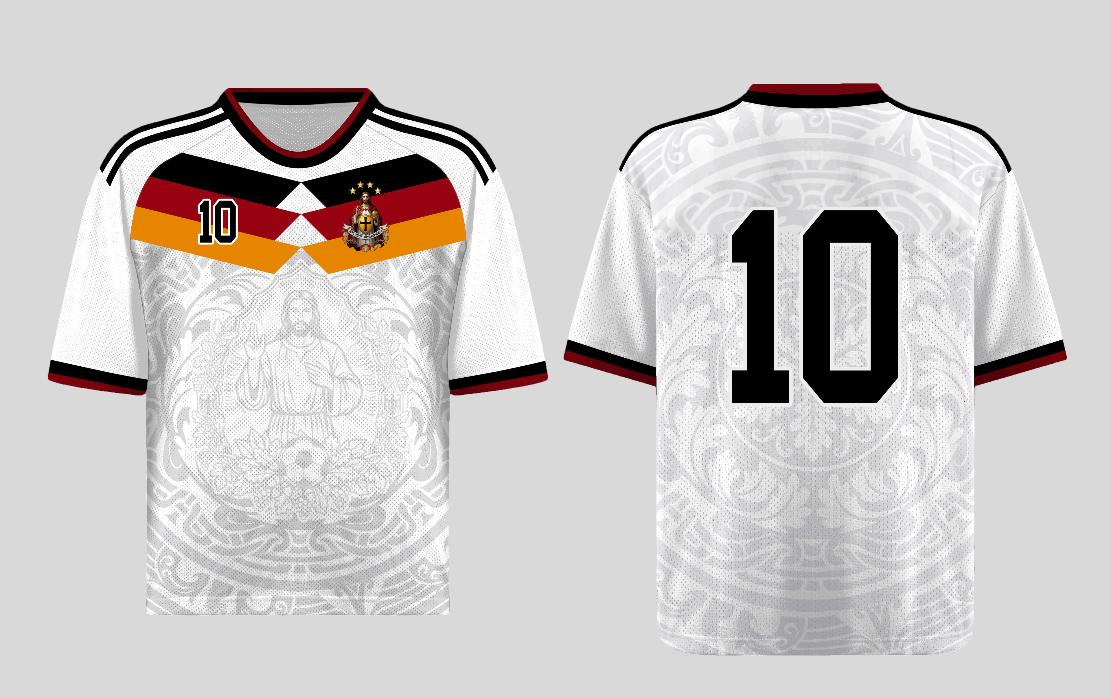 Front and back view of Germany 2026 home jersey in white with Jesus Christ graphics and German tricolor chevron stripes