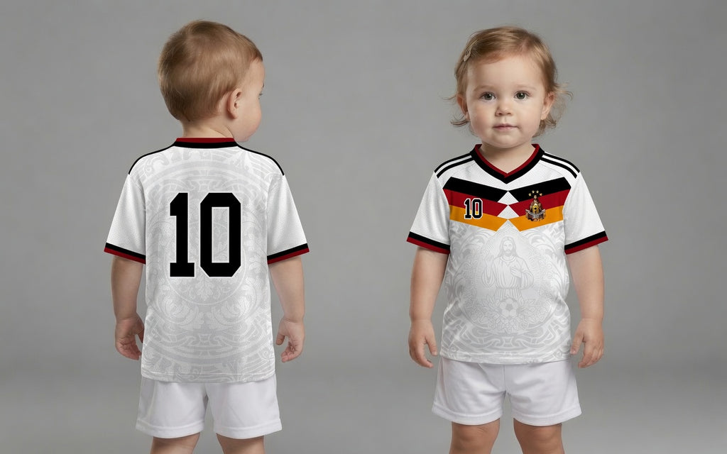 Front and back view of Germany 2026 home jersey in white with Jesus Christ graphics and German tricolor chevron stripes