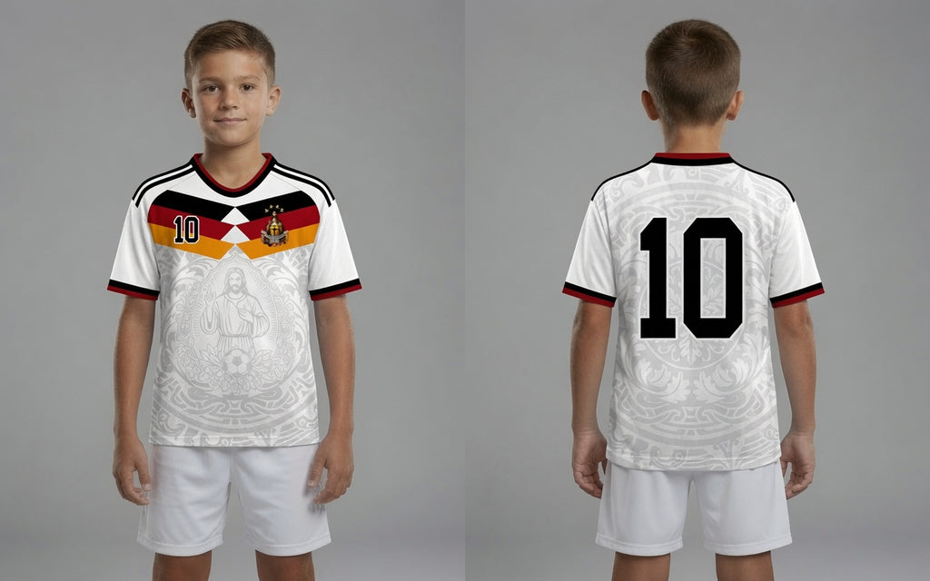 Front and back view of Germany 2026 home jersey in white with Jesus Christ graphics and German tricolor chevron stripes