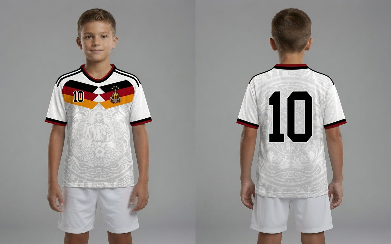 Front and back view of Germany 2026 home jersey in white with Jesus Christ graphics and German tricolor chevron stripes