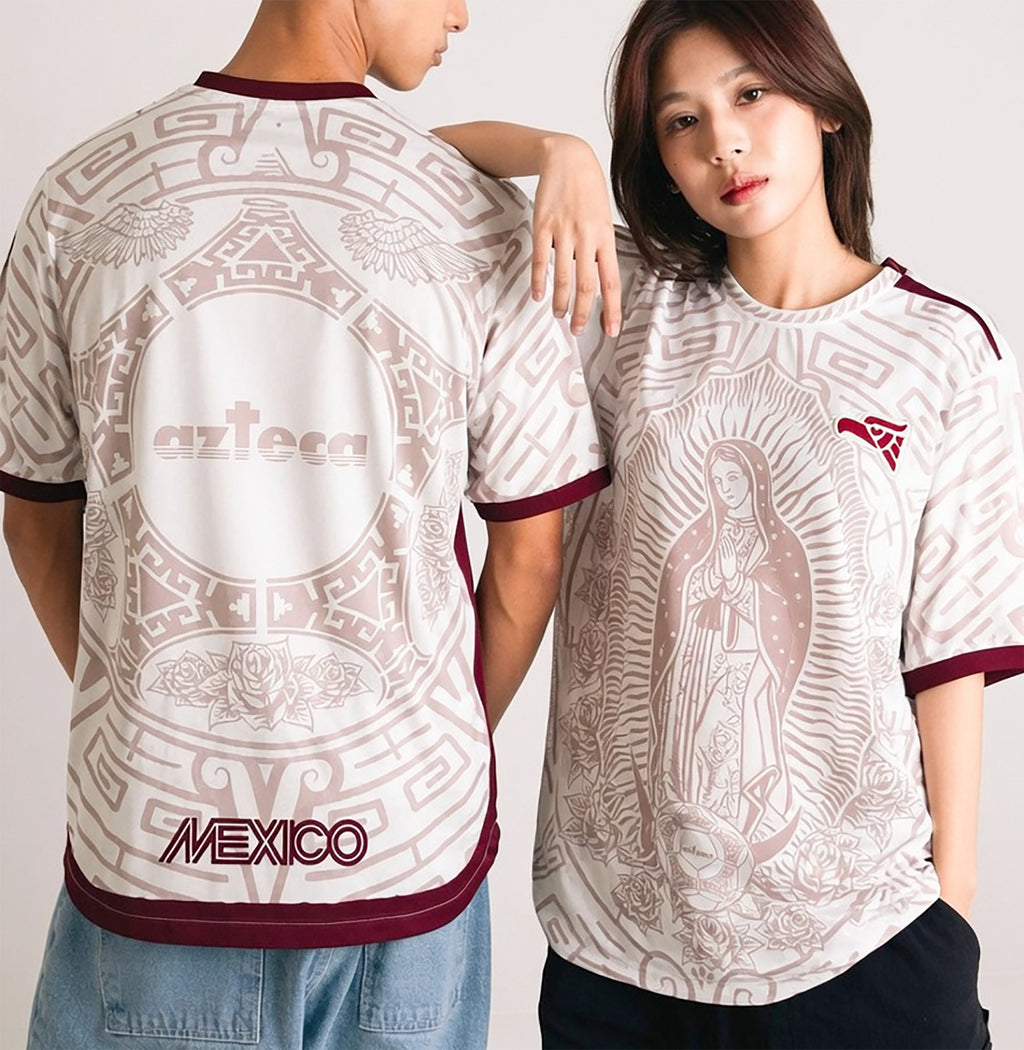 Front and back view of Mexico 2026 jersey in off-white mint with Our Lady of Guadalupe graphics and maroon Aztec calendar motifs