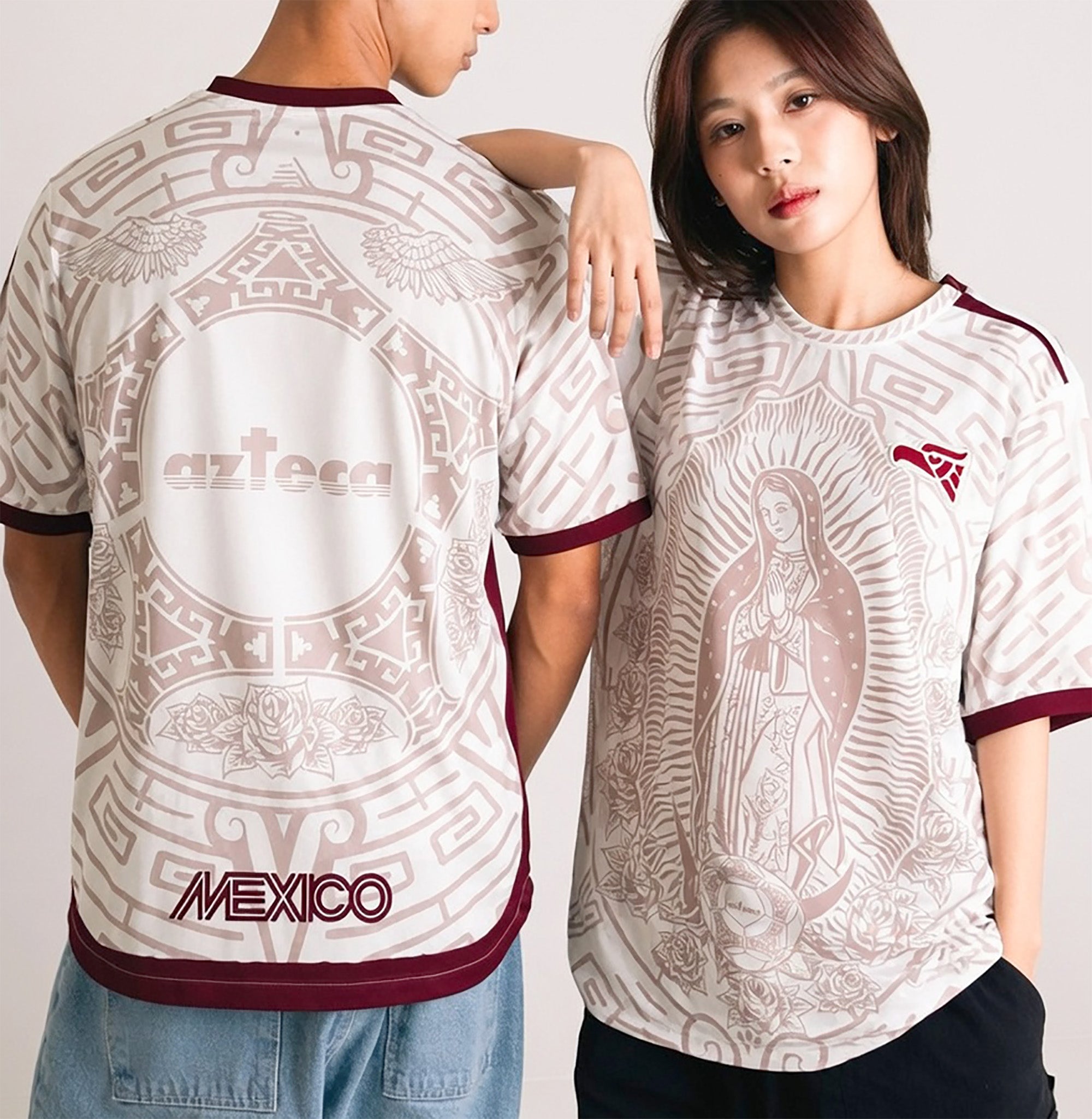 Front and back view of Mexico 2026 jersey in off-white mint with Our Lady of Guadalupe graphics and maroon Aztec calendar motifs