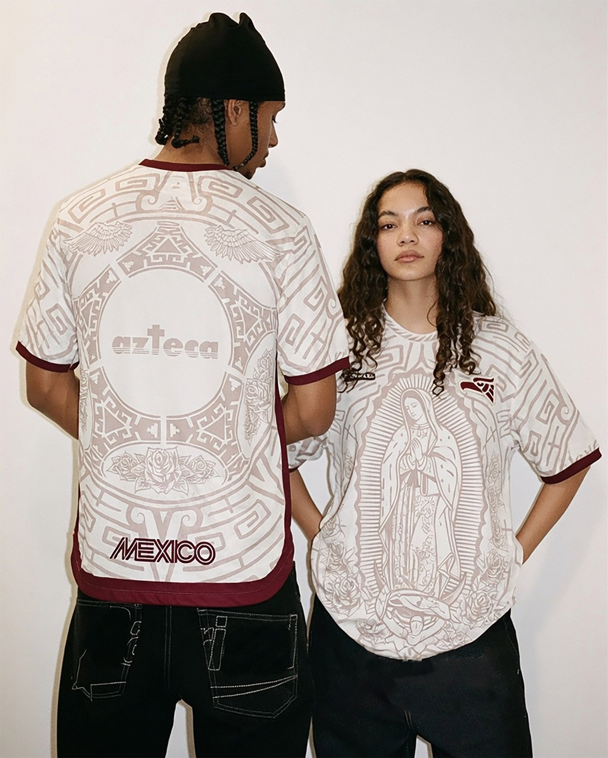 Front and back view of Mexico 2026 jersey in off-white mint with Our Lady of Guadalupe graphics and maroon Aztec calendar motifs