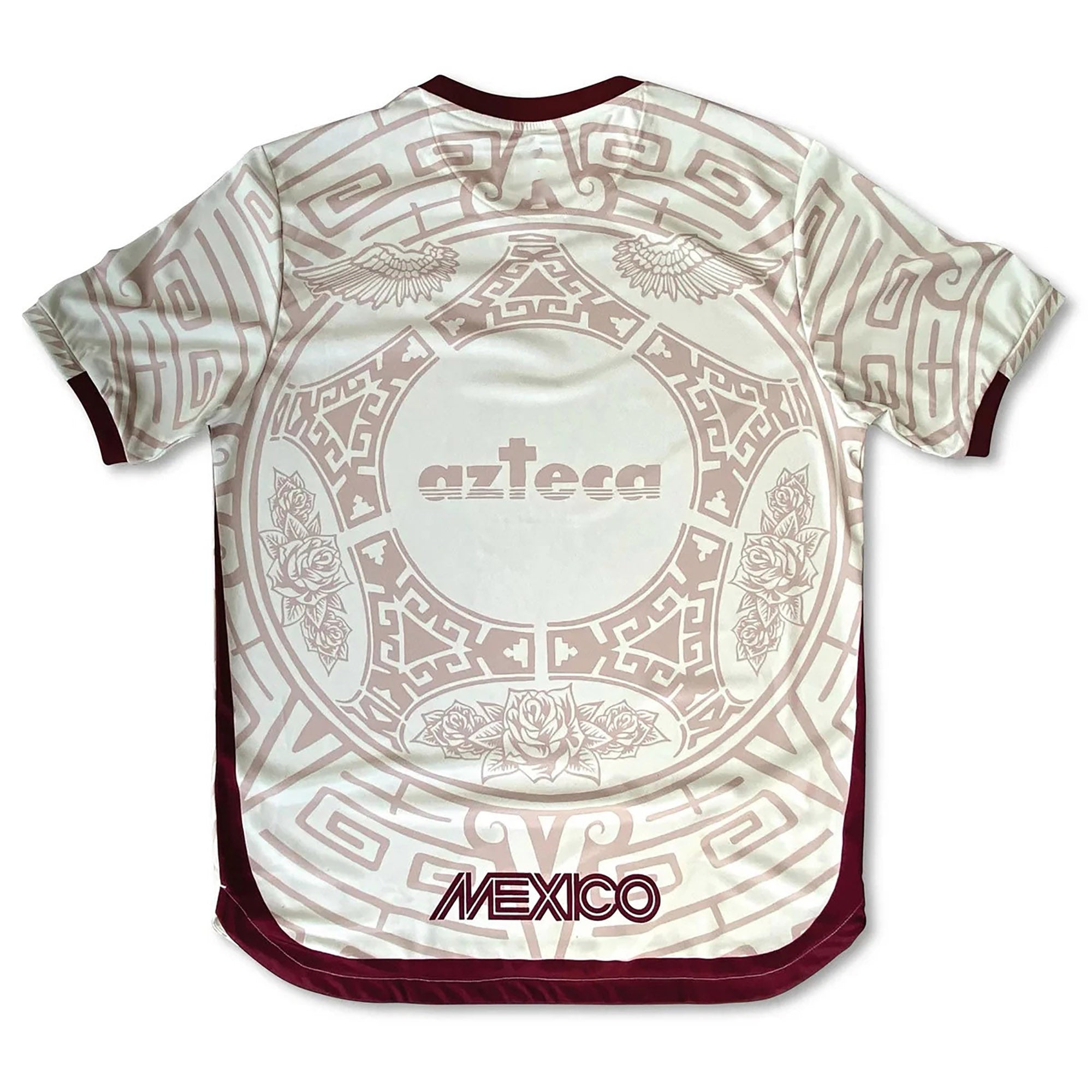 Front and back view of Mexico 2026 jersey in off-white mint with Our Lady of Guadalupe graphics and maroon Aztec calendar motifs
