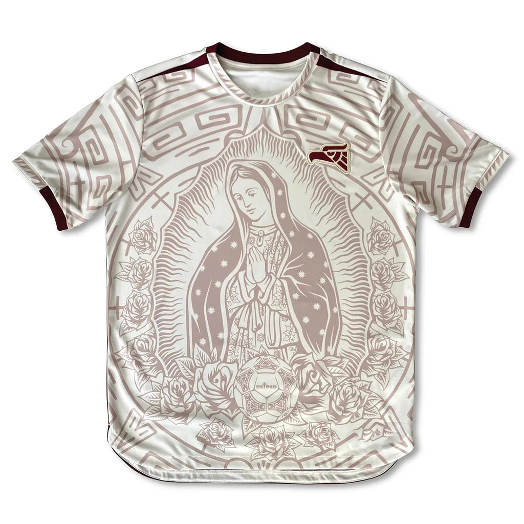 Front and back view of Mexico 2026 jersey in off-white mint with Our Lady of Guadalupe graphics and maroon Aztec calendar motifs