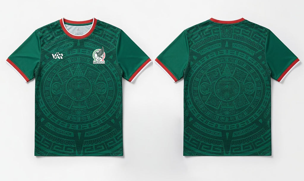 Front and back view of Mexico 2026 home jersey in emerald green with intricate Aztec calendar stone patterns