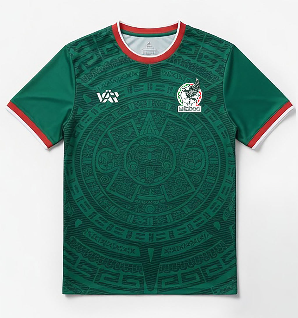 Front and back view of Mexico 2026 home jersey in emerald green with intricate Aztec calendar stone patterns