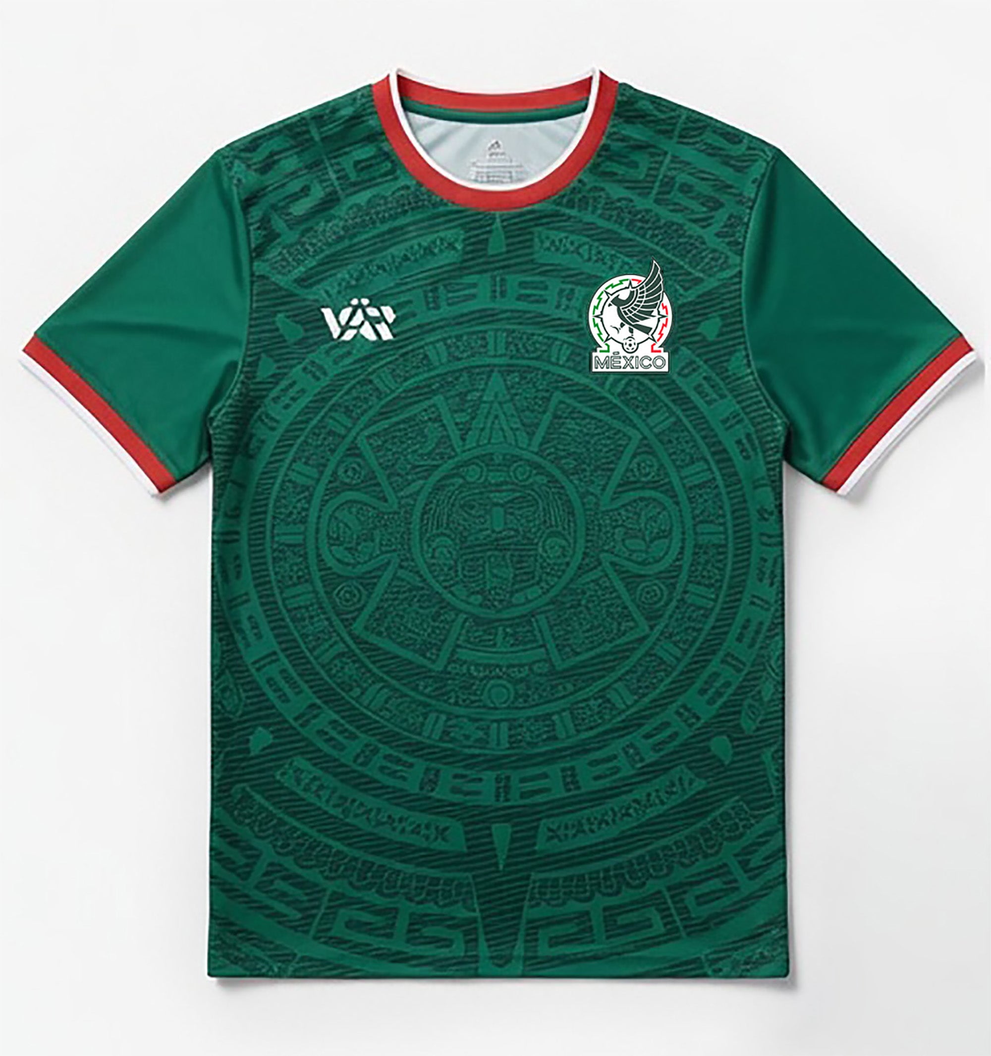 Front and back view of Mexico 2026 home jersey in emerald green with intricate Aztec calendar stone patterns