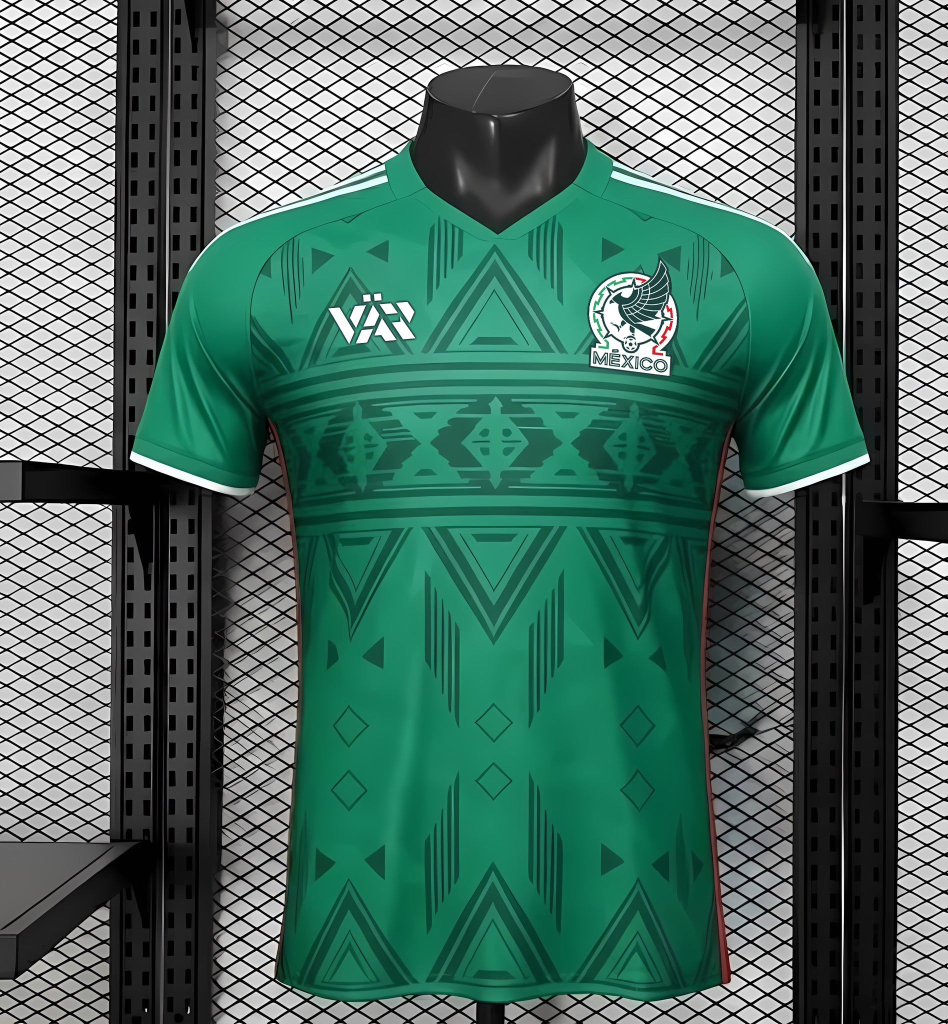 Front and back view of Mexico 2026 home jersey in green with Aztec geometric tribal patterns on display mannequin