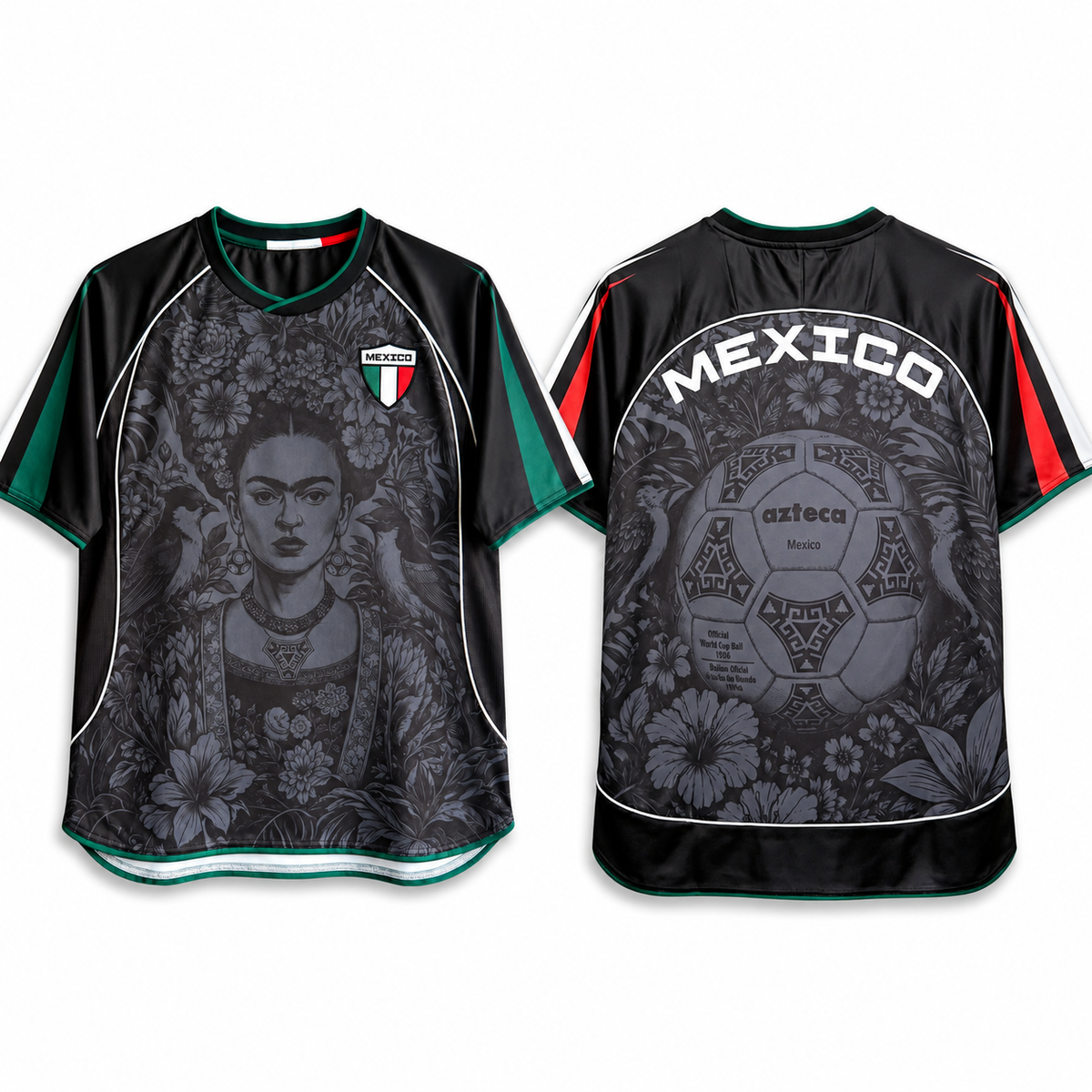 Varldens Mexico Frida Kahlo Aztec Heritage 2027 Away Jersey featuring monochrome Azteca ball graphics and dark aesthetic.