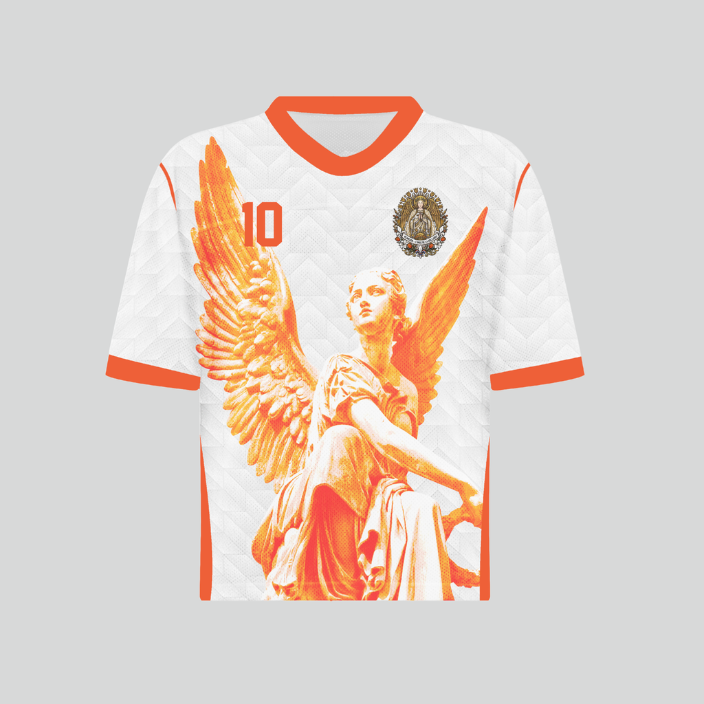 Front and back view of Netherlands 2026 away jersey in white with orange Guardian Angel graphics and retro chevron patterns