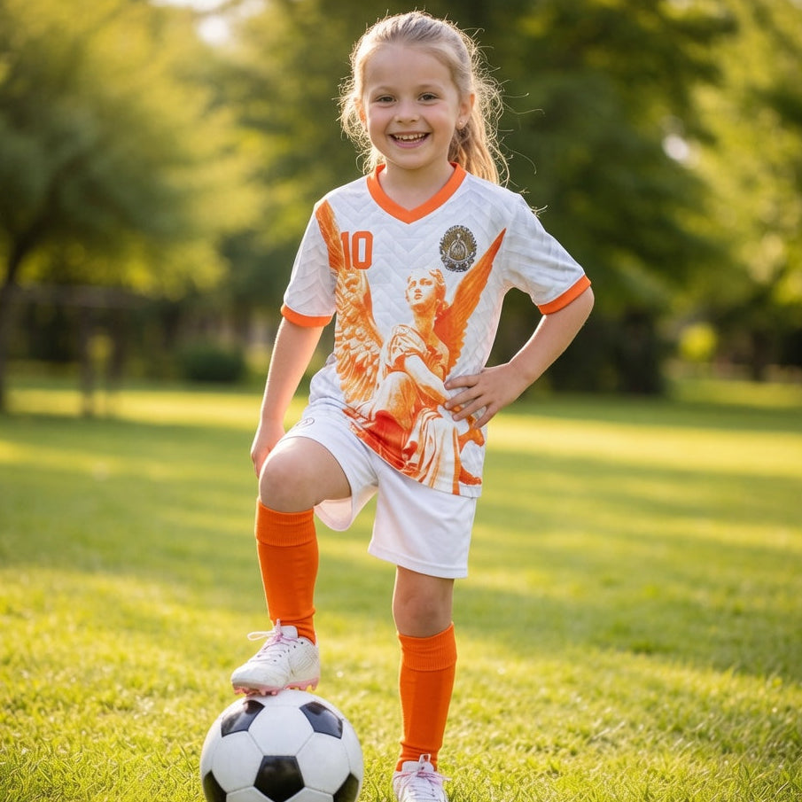 Front and back view of Netherlands 2026 away jersey in white with orange Guardian Angel graphics and retro chevron patterns by Varldens