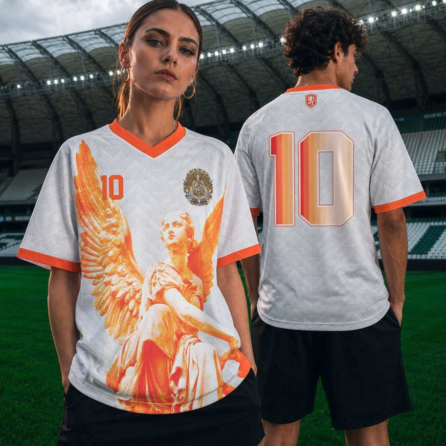 Front and back view of Netherlands 2026 away jersey in white with orange Guardian Angel graphics and retro chevron patterns