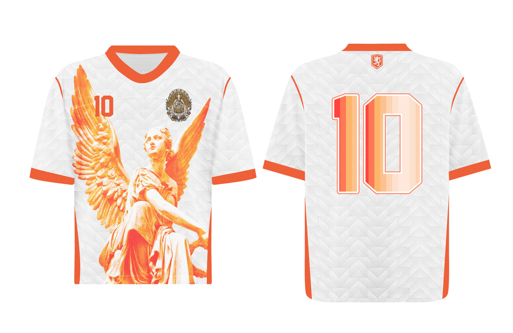 Front and back view of Netherlands 2026 away jersey in white with orange Guardian Angel graphics and retro chevron patterns
