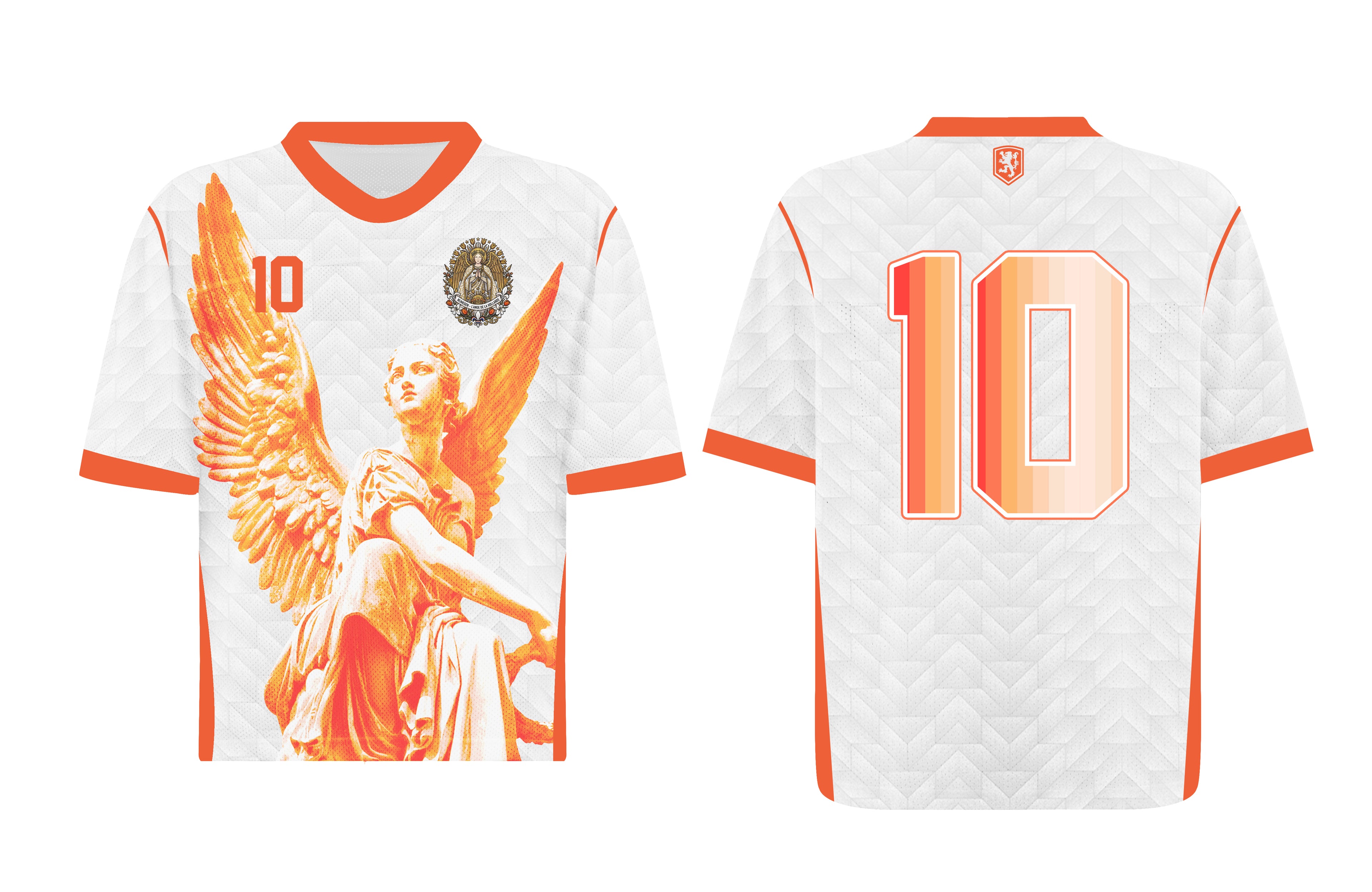 Front and back view of Netherlands 2026 away jersey in white with orange Guardian Angel graphics and retro chevron patterns
