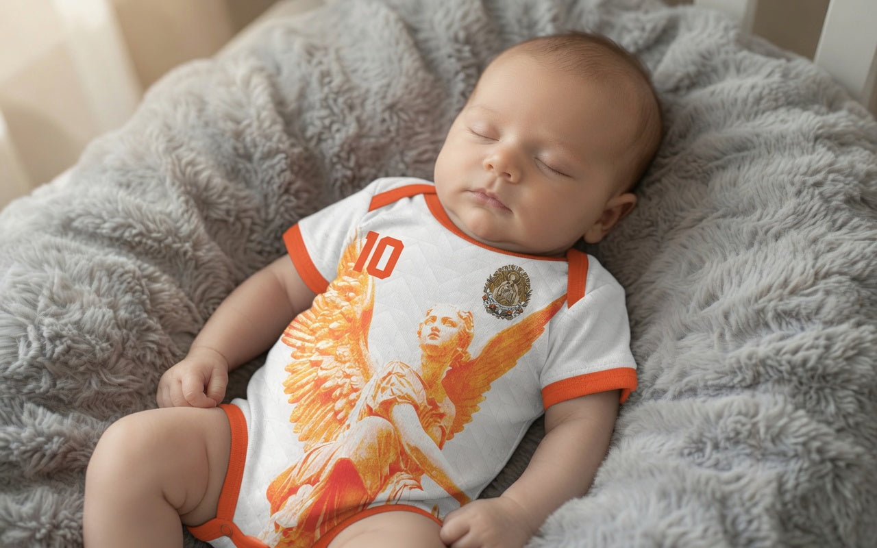 Front and back view of Netherlands 2026 away jersey in white with orange Guardian Angel graphics and retro chevron patterns