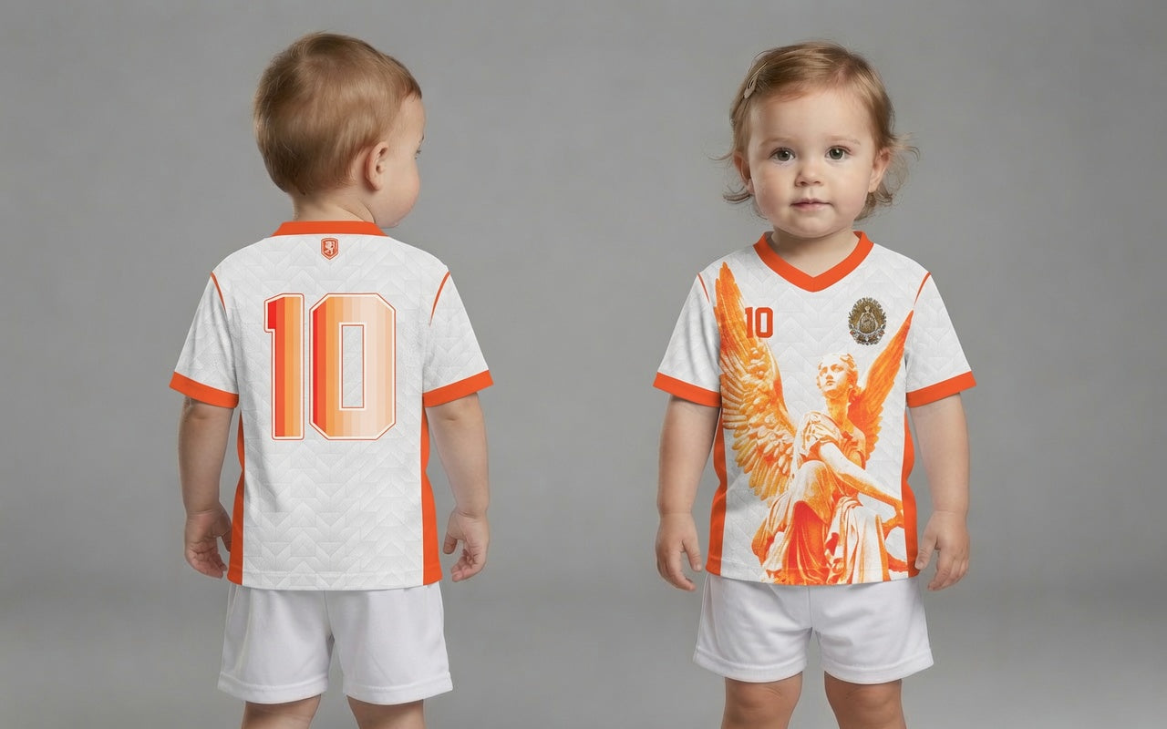 Front and back view of Netherlands 2026 away jersey in white with orange Guardian Angel graphics and retro chevron patterns