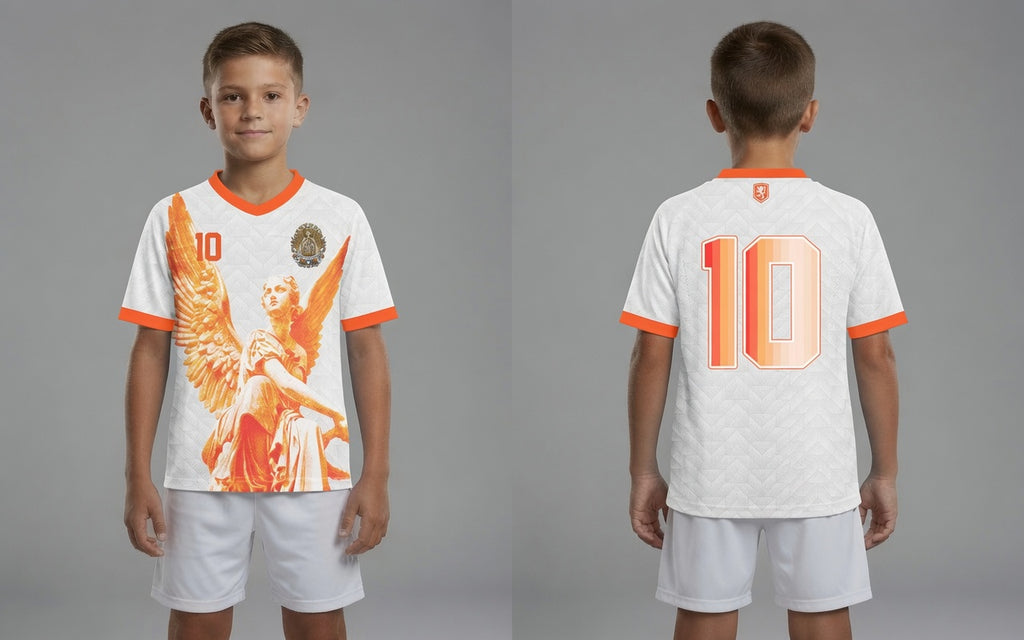 Front and back view of Netherlands 2026 away jersey in white with orange Guardian Angel graphics and retro chevron patterns
