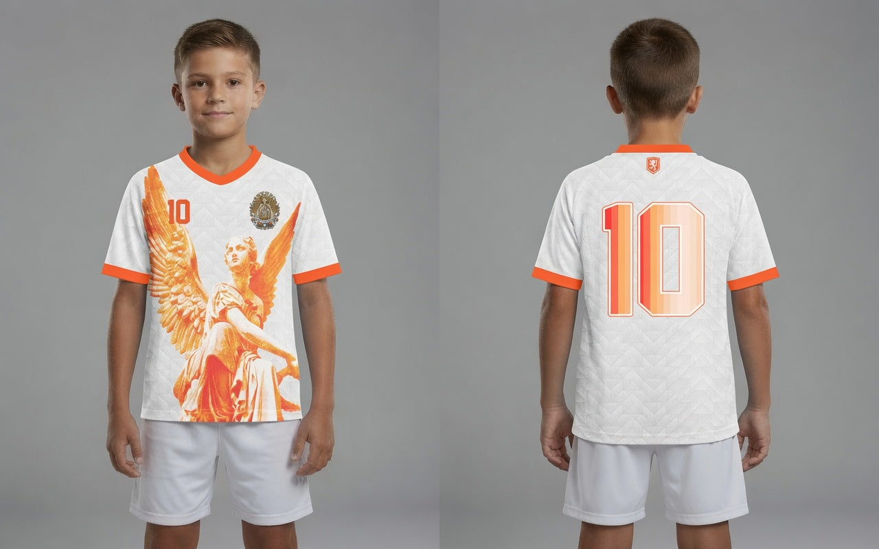 Front and back view of Netherlands 2026 away jersey in white with orange Guardian Angel graphics and retro chevron patterns