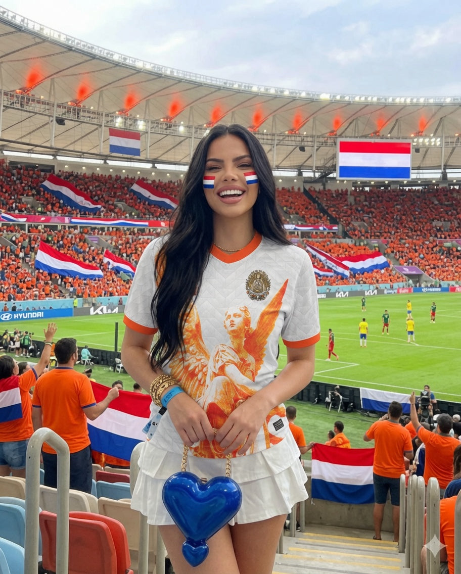 Front and back view of Netherlands 2026 away jersey in white with orange Guardian Angel graphics and retro chevron patterns