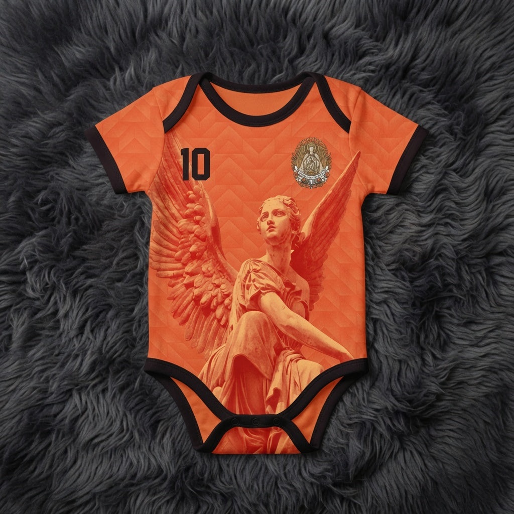 Front and back view of Netherlands 2026 home jersey in orange with Guardian Angel graphics and retro chevron patterns
