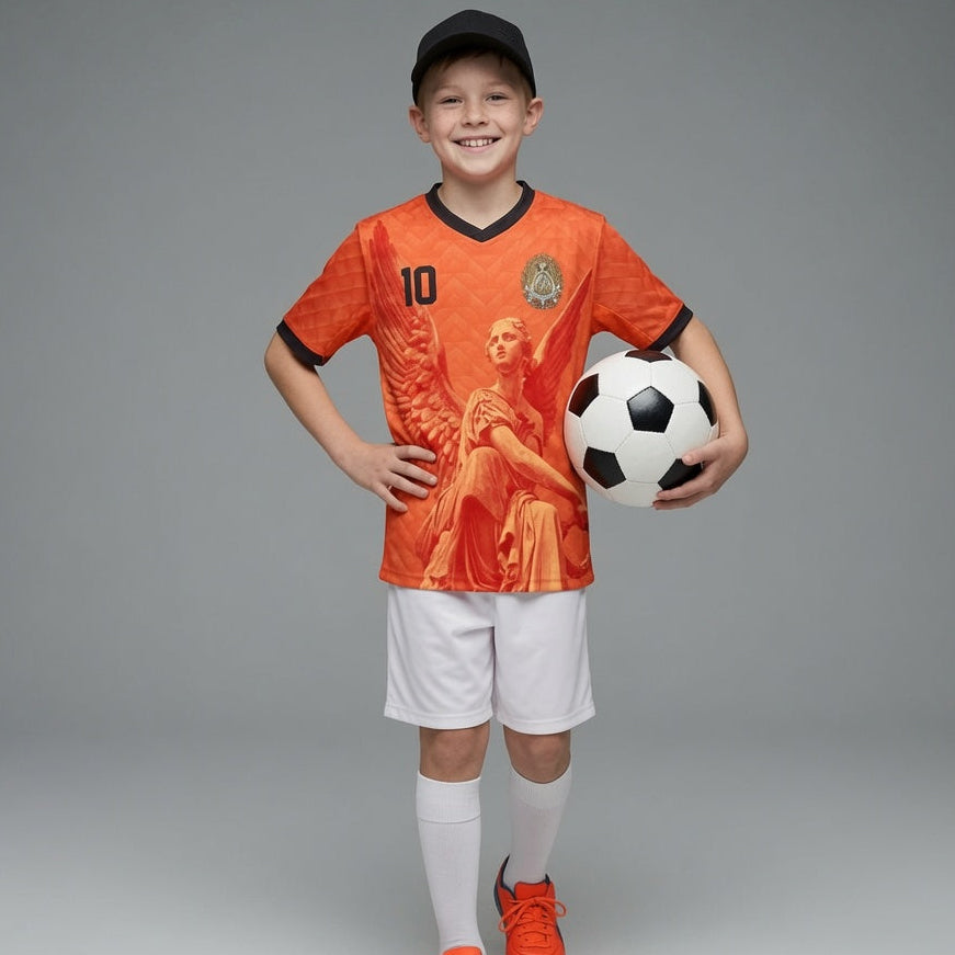 Front and back view of Netherlands 2026 home jersey in orange with Guardian Angel graphics and retro chevron patterns
