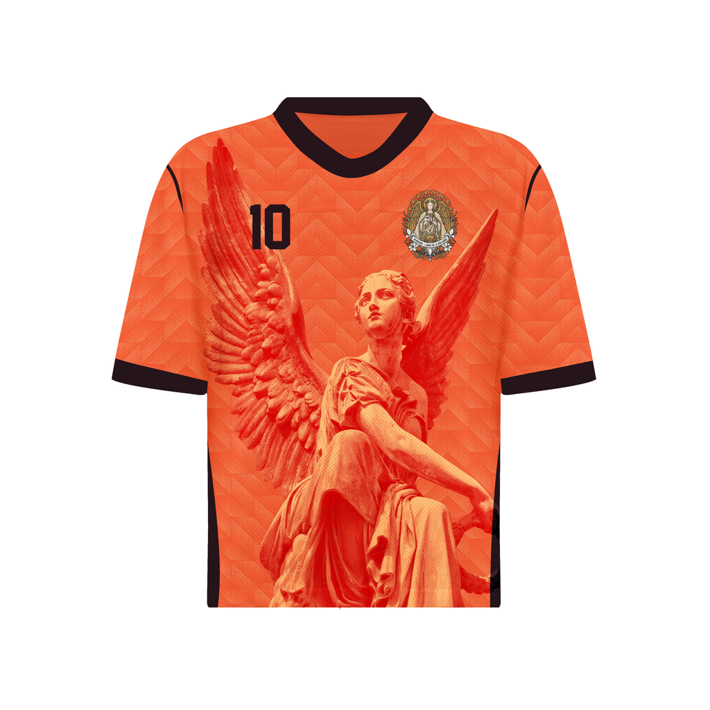 Front and back view of Netherlands 2026 home jersey in orange with Guardian Angel graphics and retro chevron patterns