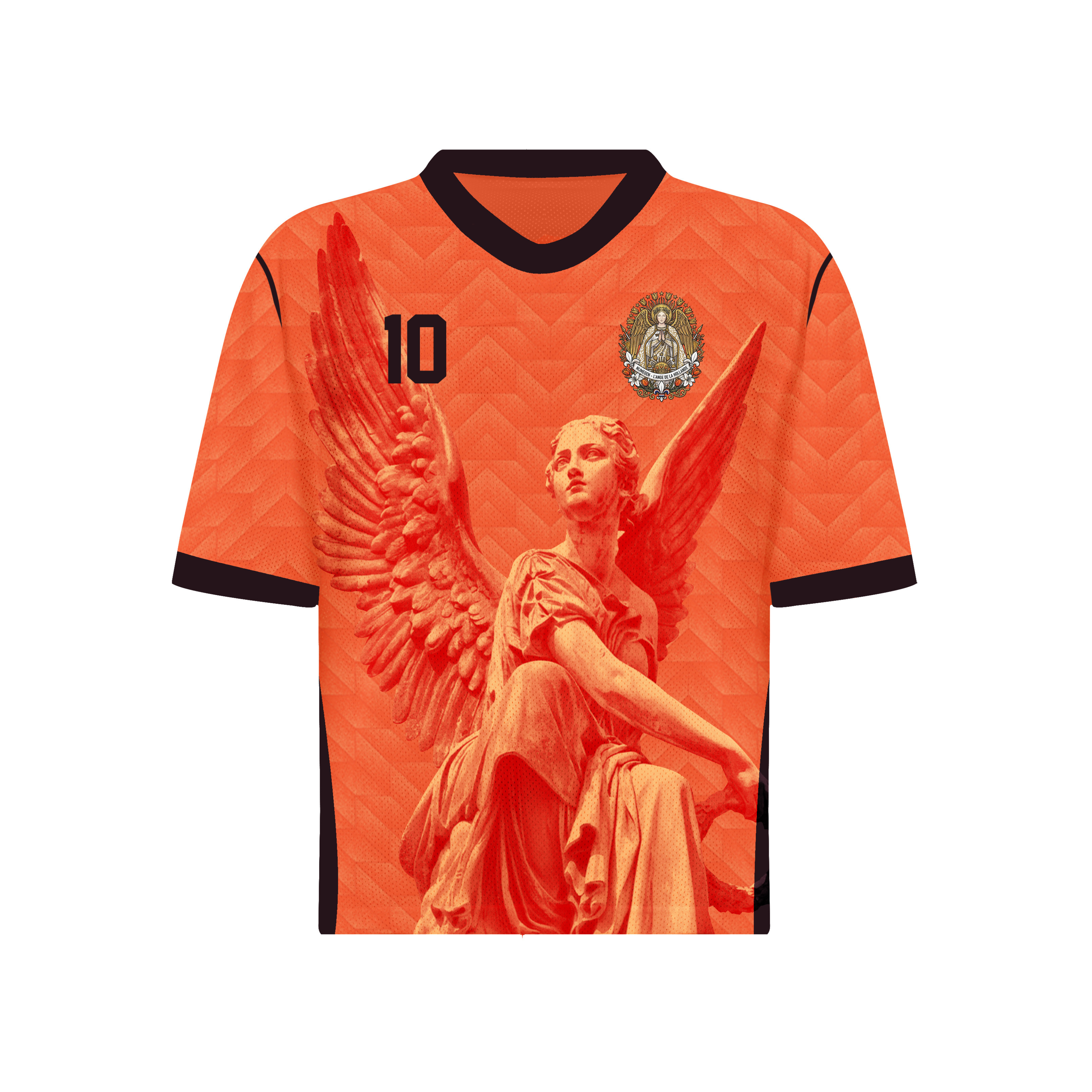 Front and back view of Netherlands 2026 home jersey in orange with Guardian Angel graphics and retro chevron patterns