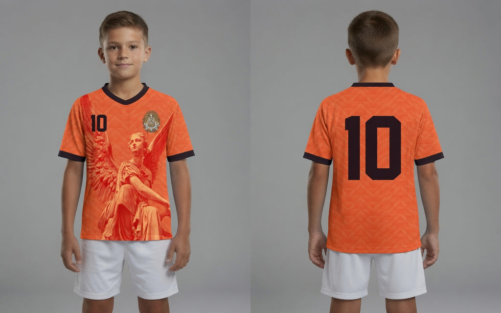 Front and back view of Netherlands 2026 home jersey in orange with Guardian Angel graphics and retro chevron patterns