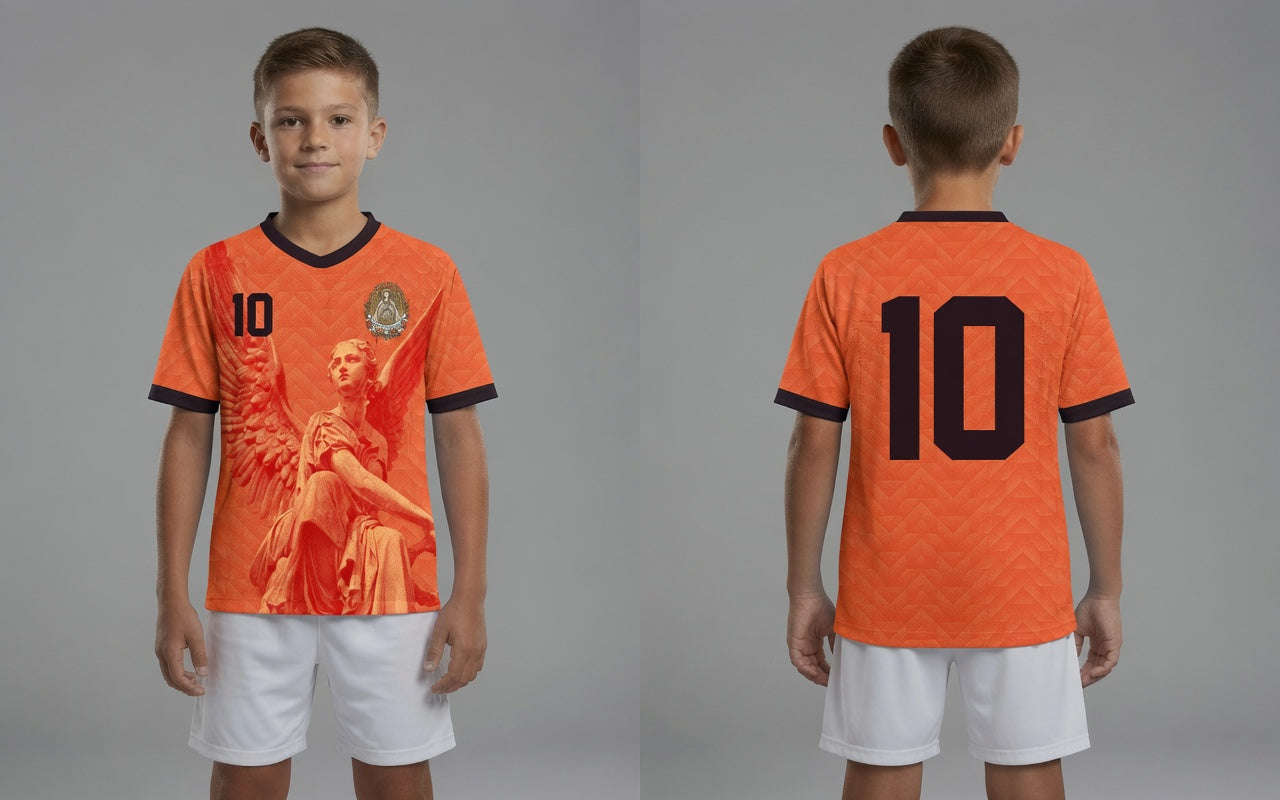Front and back view of Netherlands 2026 home jersey in orange with Guardian Angel graphics and retro chevron patterns