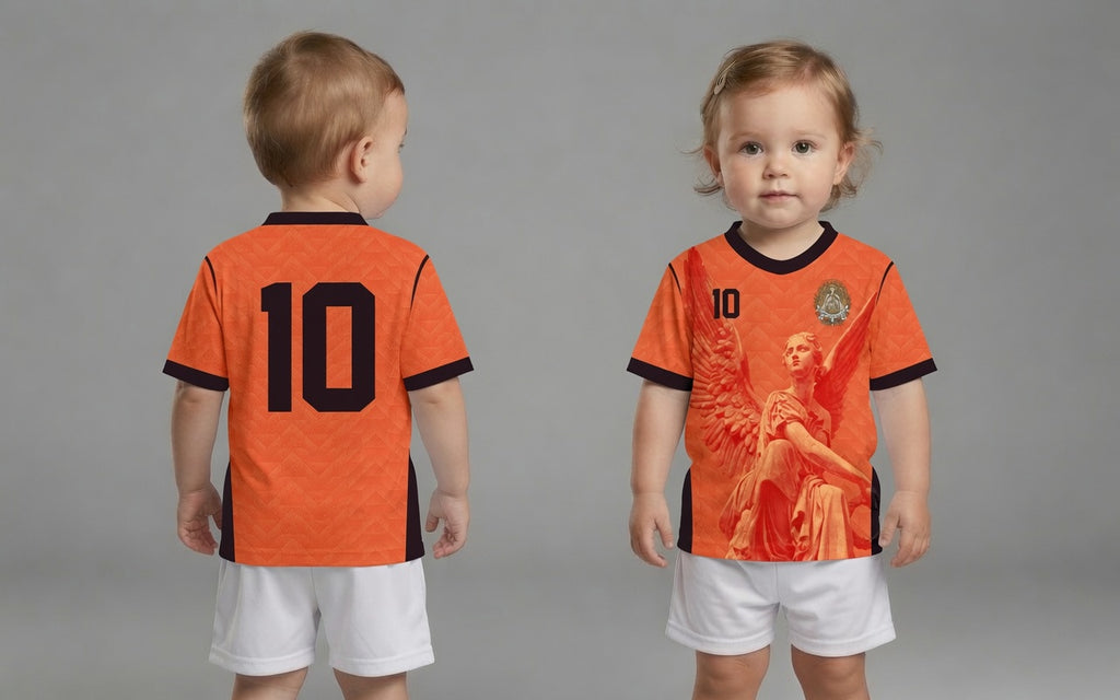 Front and back view of Netherlands 2026 home jersey in orange with Guardian Angel graphics and retro chevron patterns