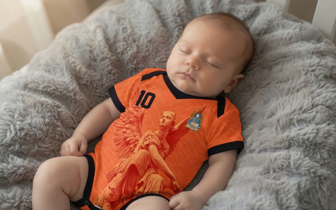 Front and back view of Netherlands 2026 home jersey in orange with Guardian Angel graphics and retro chevron patterns