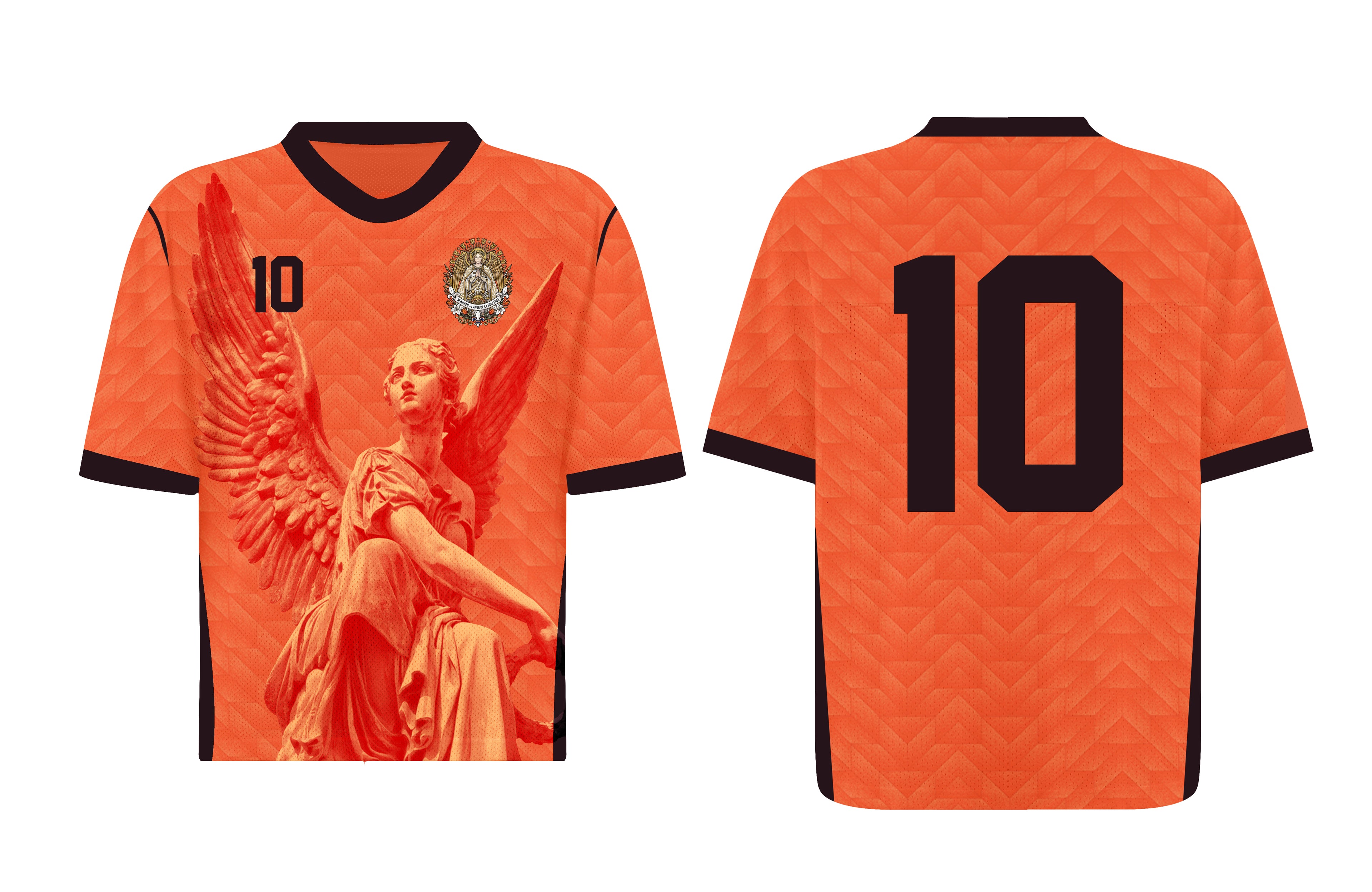 Front and back view of Netherlands 2026 home jersey in orange with Guardian Angel graphics and retro chevron patterns