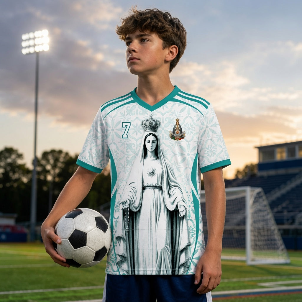 Front and back view of Portugal 2026 away jersey in white and teal with Our Lady of Fatima and Azulejos tile motifs by Varldens