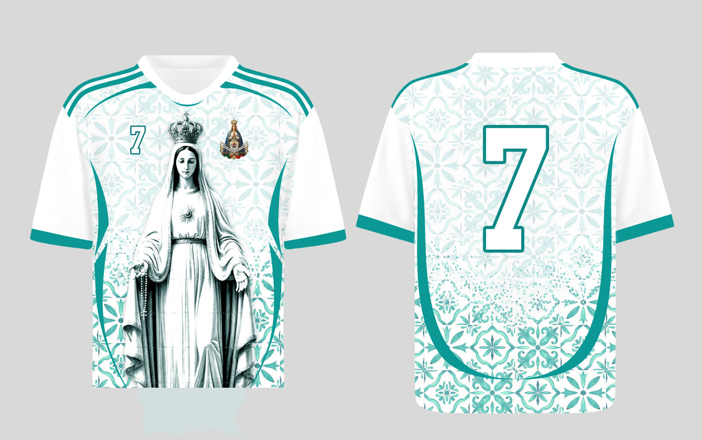 Front and back view of Portugal 2026 away jersey in white and teal with Our Lady of Fatima and Azulejos tile motifs