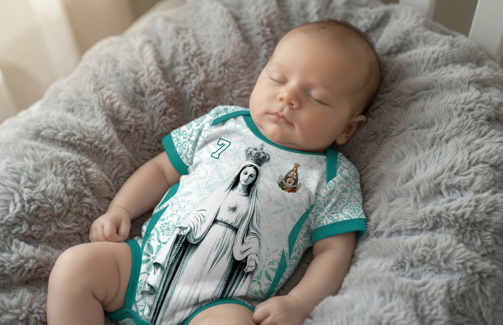 Front and back view of Portugal 2026 away jersey in white and teal with Our Lady of Fatima and Azulejos tile motifs
